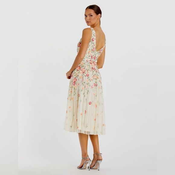Mac Duggal 5527 Cream V-Neck Sleeveless Midi Floral Beaded A-line Dress $598 - Picture 6 of 15